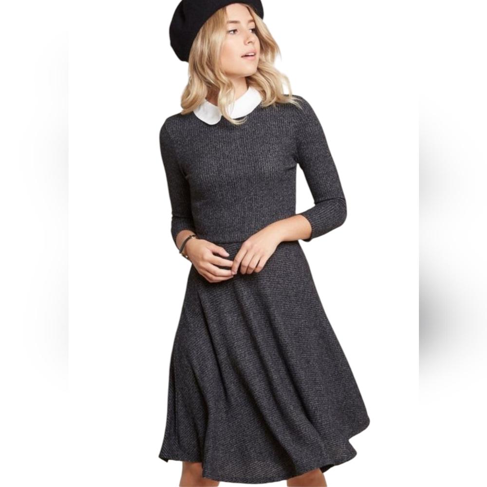 ModCloth Bib Collar Twee Dress Ribbed Size S Small Dark Gray Stretch 3/4 Sleeve